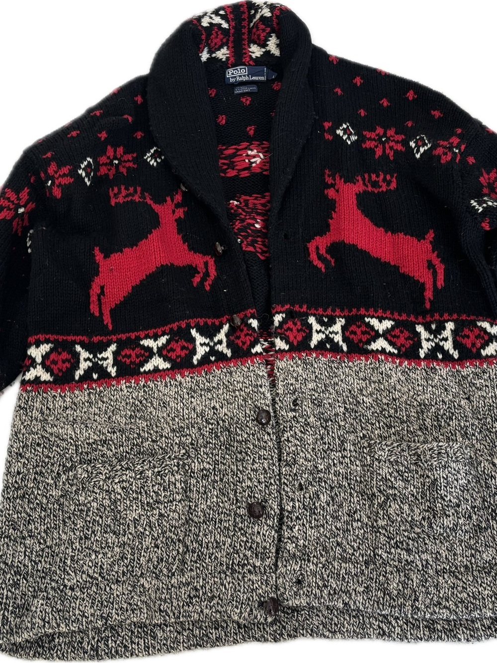 Vintage 1990’s  Ralph Lauren Black, Red & Cream  Shawl-Collar Cardigan